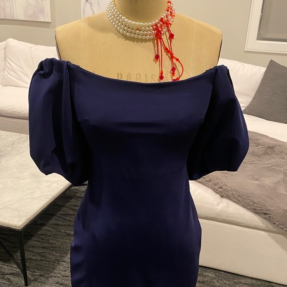 cushnie et ochs blue dress Adele Off-The-Shoulder Ruched Floral-Print Taffeta Midi Dress by Kiki   Code Blue at the Plaza